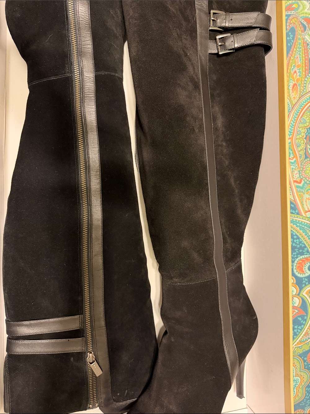 Michael Kors Black Suede Knee-High Boots with Buckle Accent